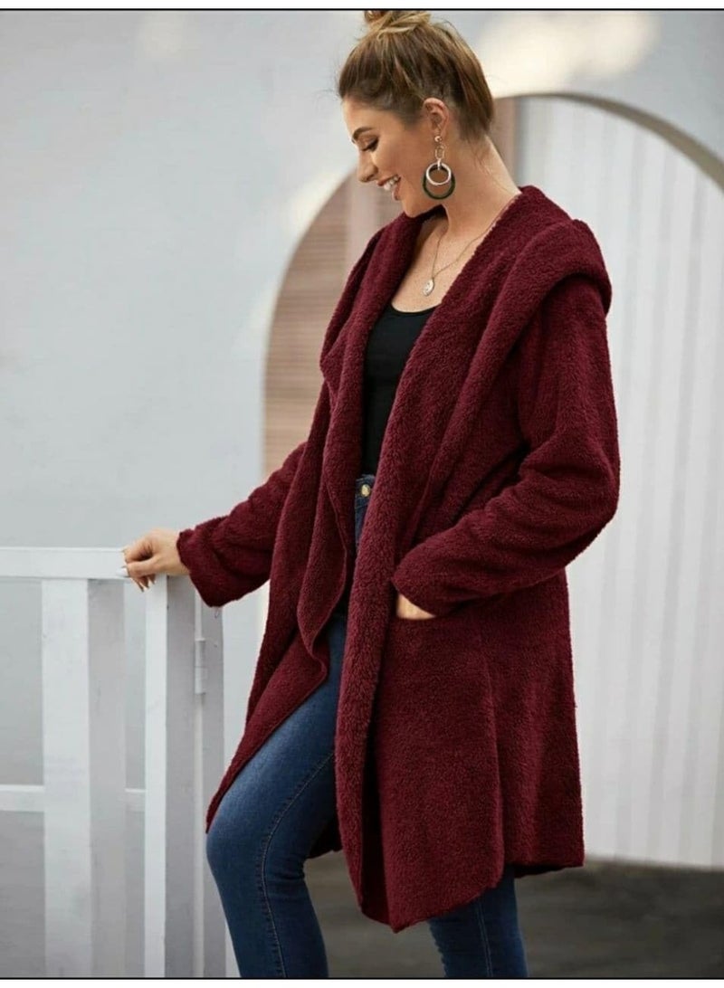 Solid Dual Pocket Open Front Teddy Coat (Burgundy) - Image 4